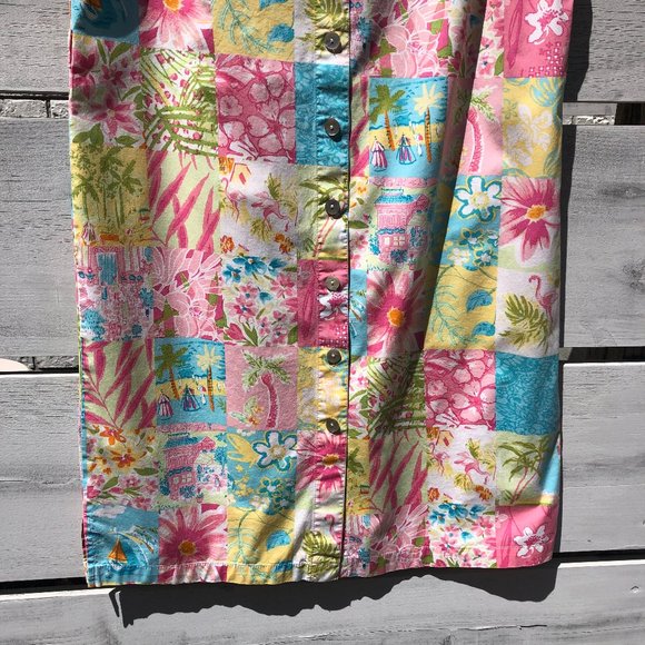 Vintage Palm Lily Cottagecore Sleeveless Boho Patchwork Button Front Shirt Dress - Picture 14 of 16